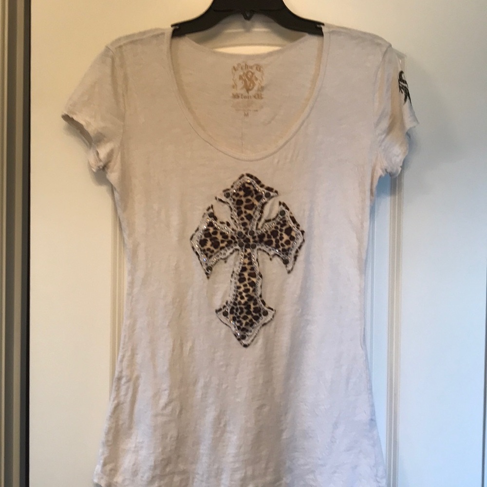 Velvet Stone off white tee with crystal cross.